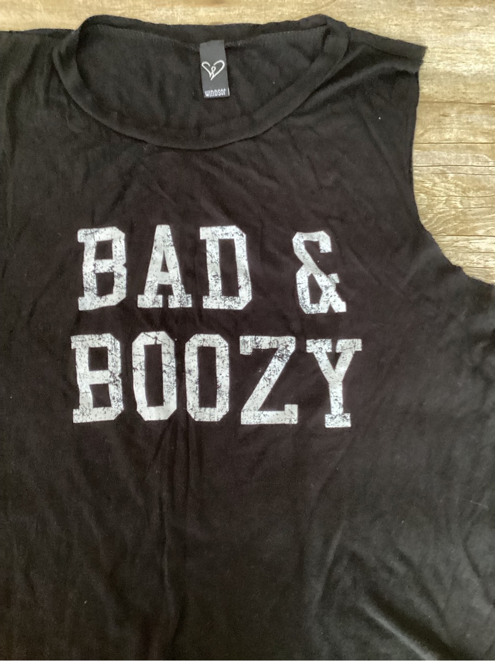 Black tank top with white text reading 'BAD & BOOZY' - Picture 2 of 3